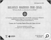 2010: Reconocimiento Bliblioteca Argentina para Ciegos
